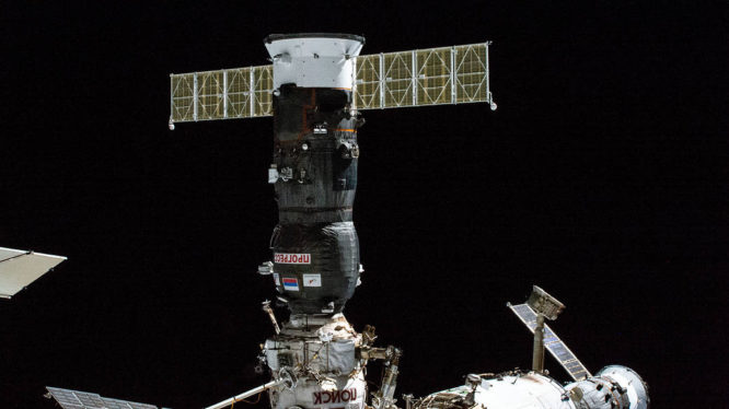 Russian Progress cargo craft at space station springs a leak