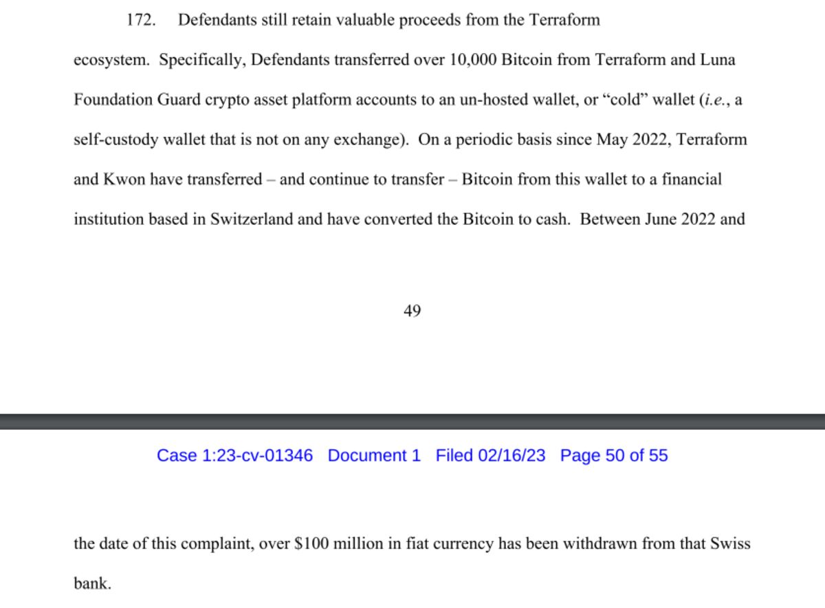 SEC Complaint Says Do Kwon Transferred 10,000 Bitcoin From Terra to a Swiss Bank