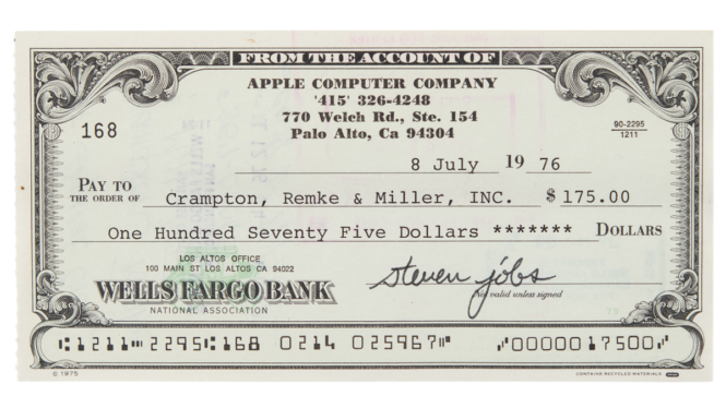 $175 Check Signed by Steve Jobs in 1976 Is Up for Auction