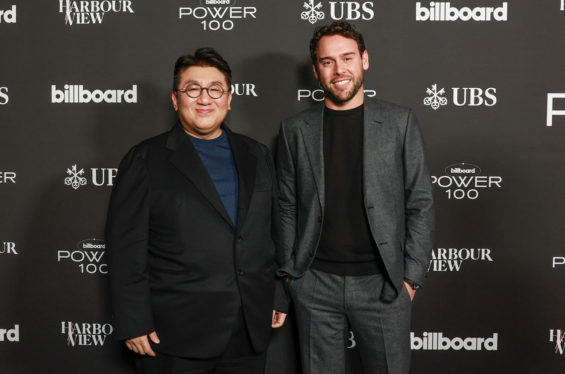 Clive Davis, Scooter Braun Present Bang Si-Hyuk With Visionary Award at Billboard Power 100 Event