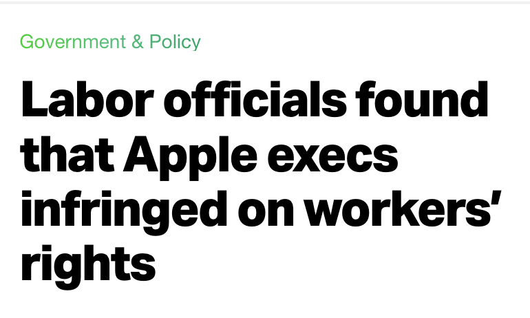 Labor officials found that Apple execs infringed on workers’ rights