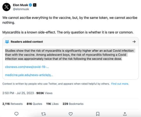 Twitter Users Vote Down a Note Correcting Elon’s Bogus Vaccine Tweet