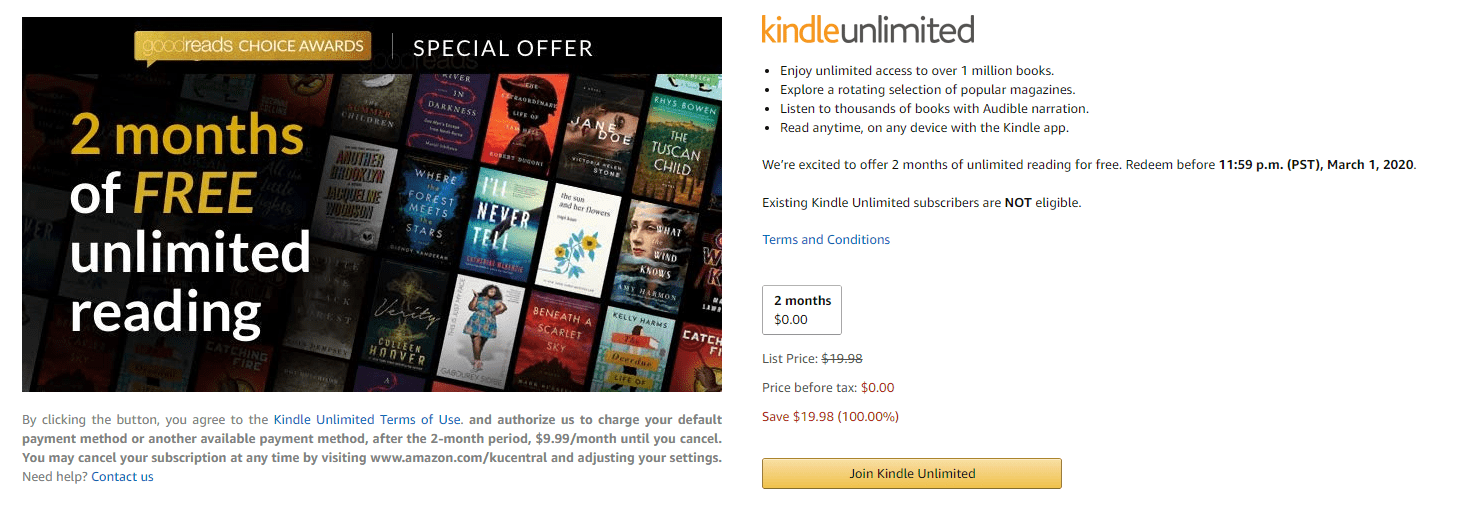 This deal gets you 2 months of Kindle Unlimited for free