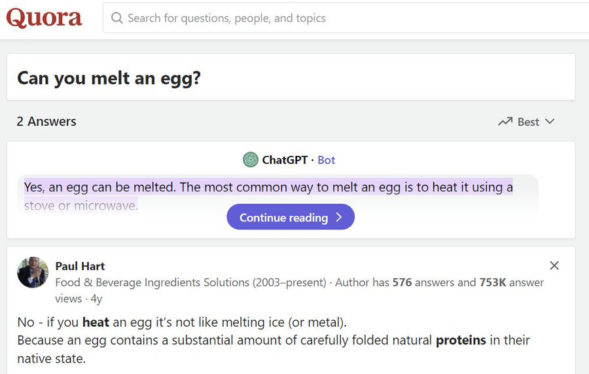 Can you melt eggs? Quora’s AI says “yes,” and Google is sharing the result