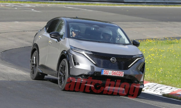 Spy photos capture sporty Nissan Ariya EV prototype testing at the ‘Ring