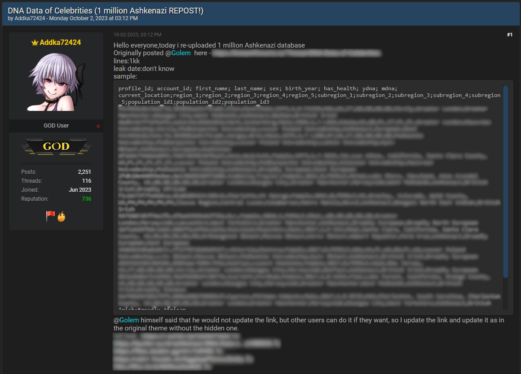 Hacker leaks millions more 23andMe user records on cybercrime forum