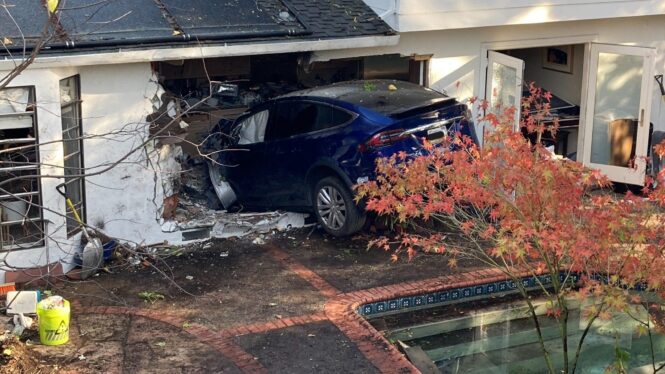 Tesla Model X flies over a swimming pool and crashes into a house