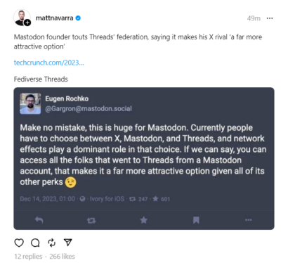 Mastodon founder touts Threads’ federation, saying it makes his X rival ‘a far more attractive option’