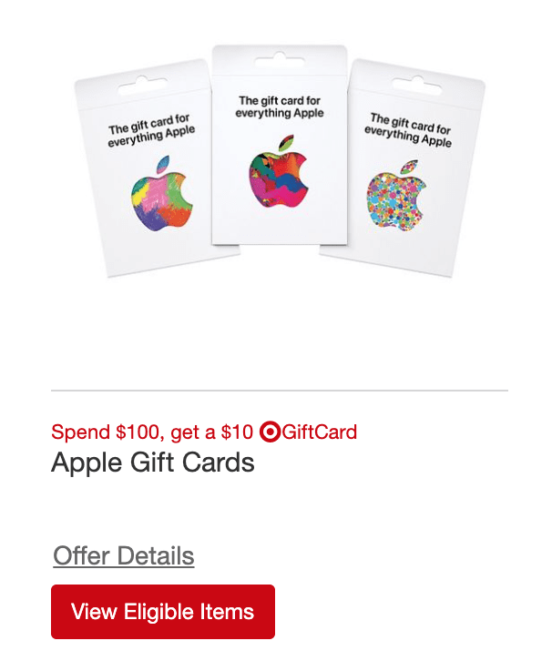 Target is offering a $10 bonus credit when you buy a $100 Apple gift card