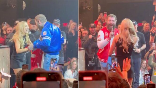 Watch Brittany Mahomes Convince Post Malone to Put on a Chiefs Jacket at a Super Bowl Afterparty