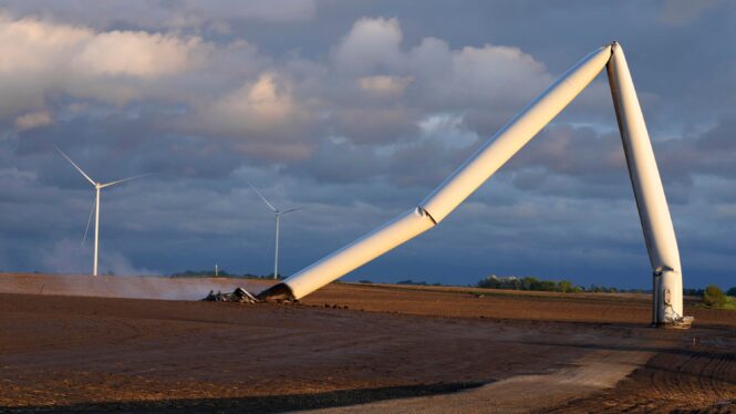 Some Wind Turbines in Iowa Crumpled by Tornadoes