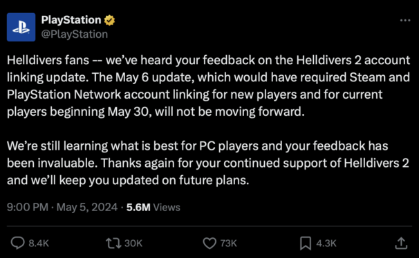 Sony backs down, won’t enforce PSN accounts for Helldivers 2 PC players on Steam