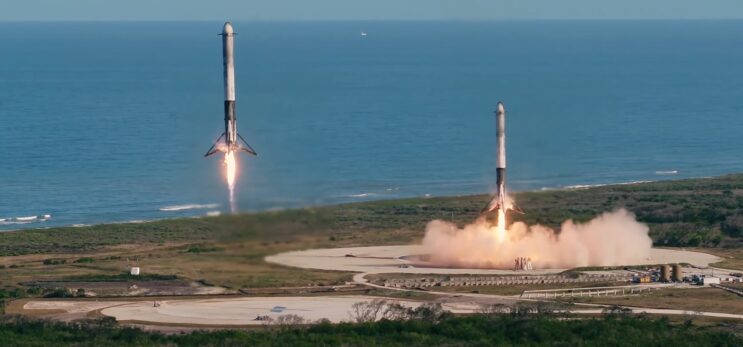 Cool footage shows two Falcon Heavy boosters coming home