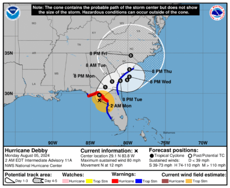 Hurricane Debby track shows Florida landfall near. See the path online