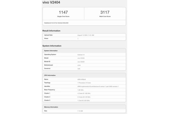 vivo T3 Pro stops by Geekbench with Snapdragon 7 Gen 3 chipset