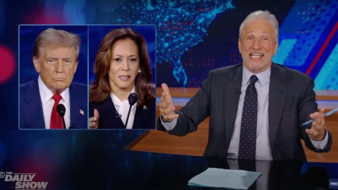 Jon Stewart breaks down the biggest Harris-Trump debate moments in live monologue