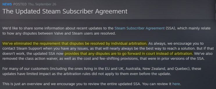 Valve cuts binding arbitration from its Steam user agreement