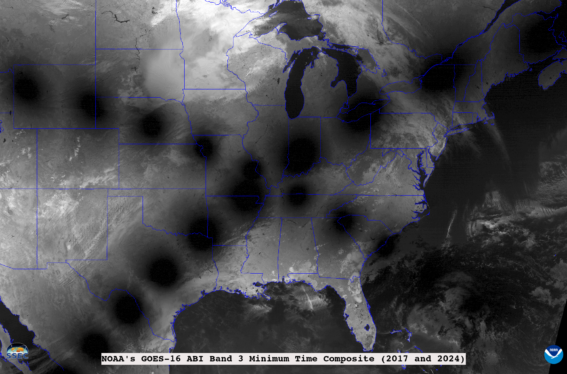 Satellite images overlay 2024 and 2017 total solar eclipses sweeping across US