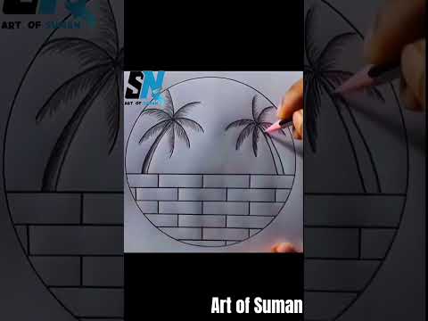 How to draw a circle drawing with two coconut tree #pencilcoloring #circlelineartschool #drawingmen